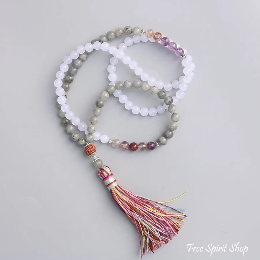 108 Labradorite White Jade & Rudraksha Mala Bead Necklace