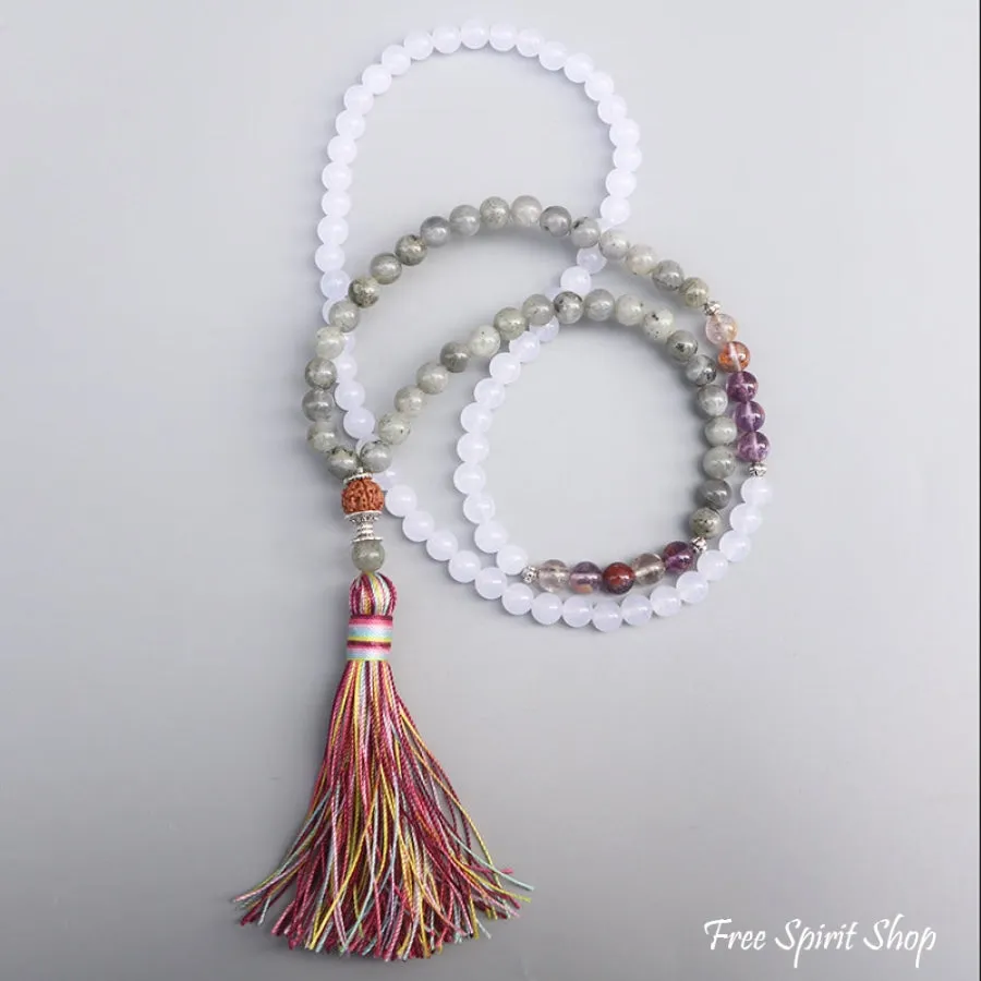 108 Labradorite White Jade & Rudraksha Mala Bead Necklace