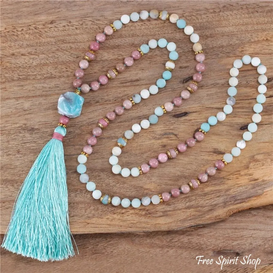 108 Natural Amazonite & Rhodonite Mala Bead Necklace
