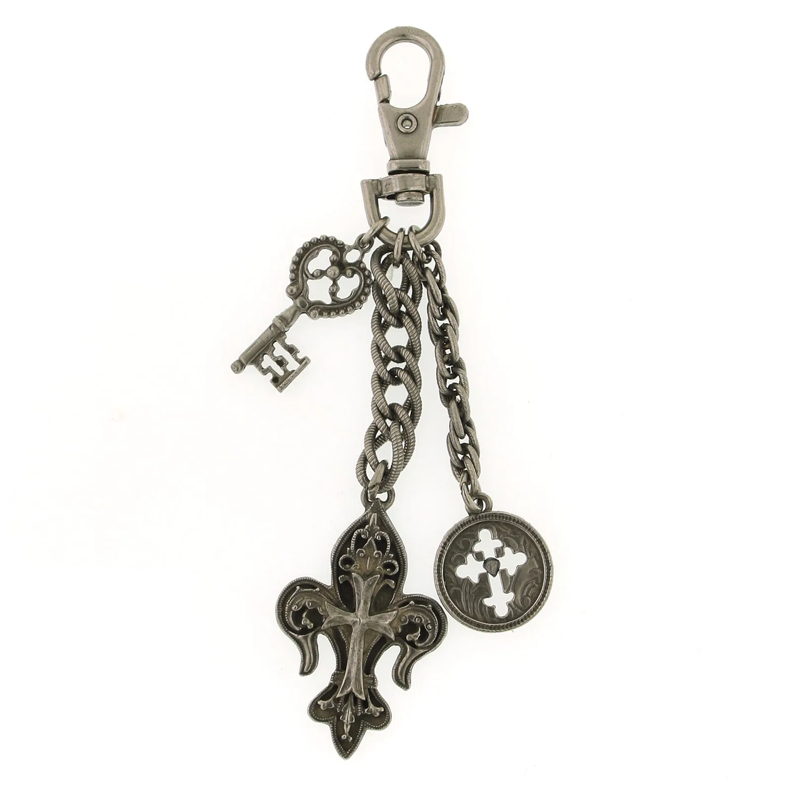 1928 Jewelry Skeleton Key, Fleur De Lis Cross & Budded Cross Medallion Key Chain