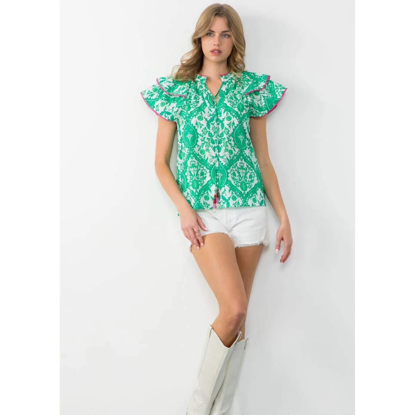 Clara Green Flutter Sleeve THML Top