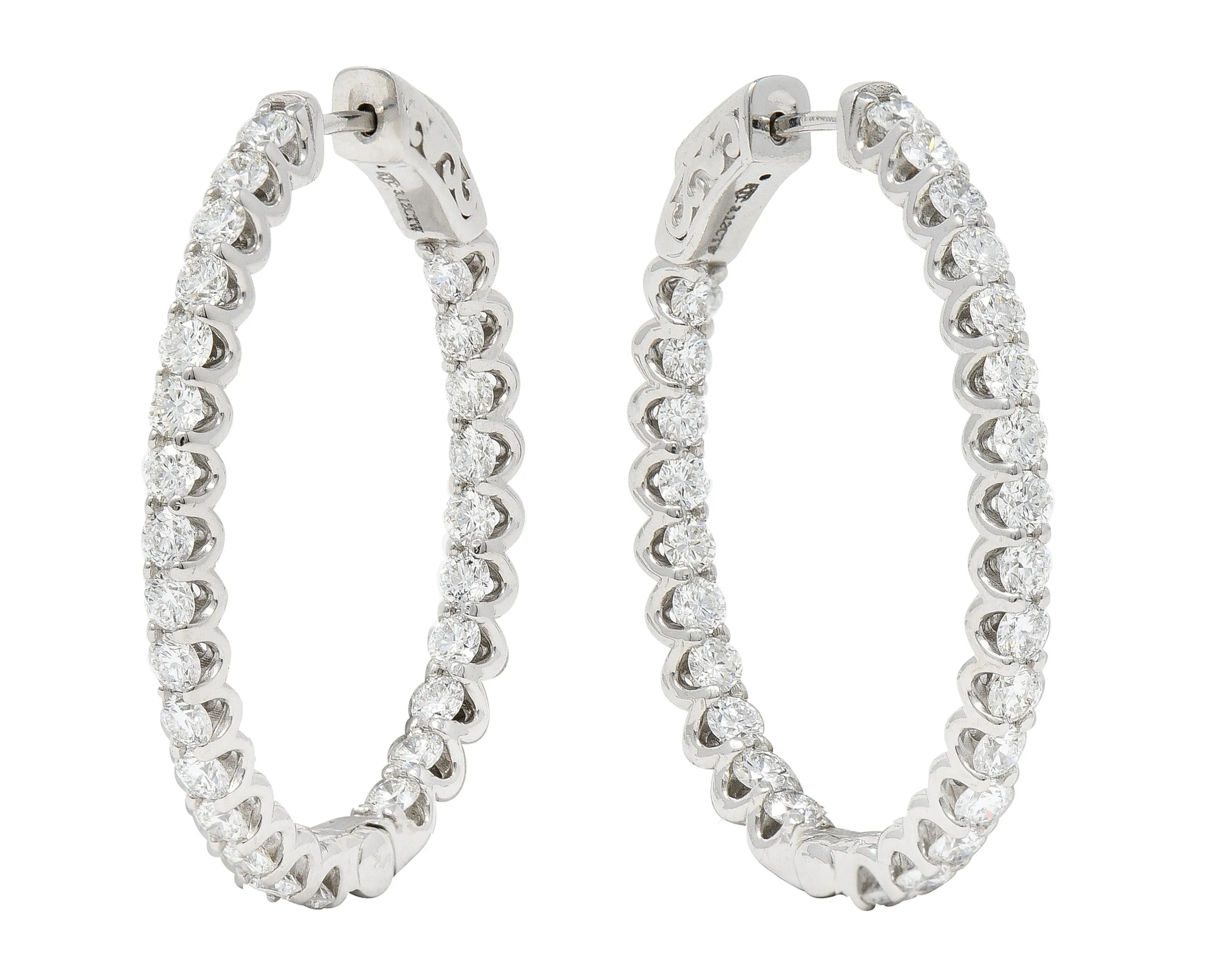 Contemporary 3.12 CTW Diamond 14 Karat White Gold Oval Inside Outside Hoop Earrings