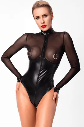 Edge Wetlook and Mesh Bodysuit with Rings