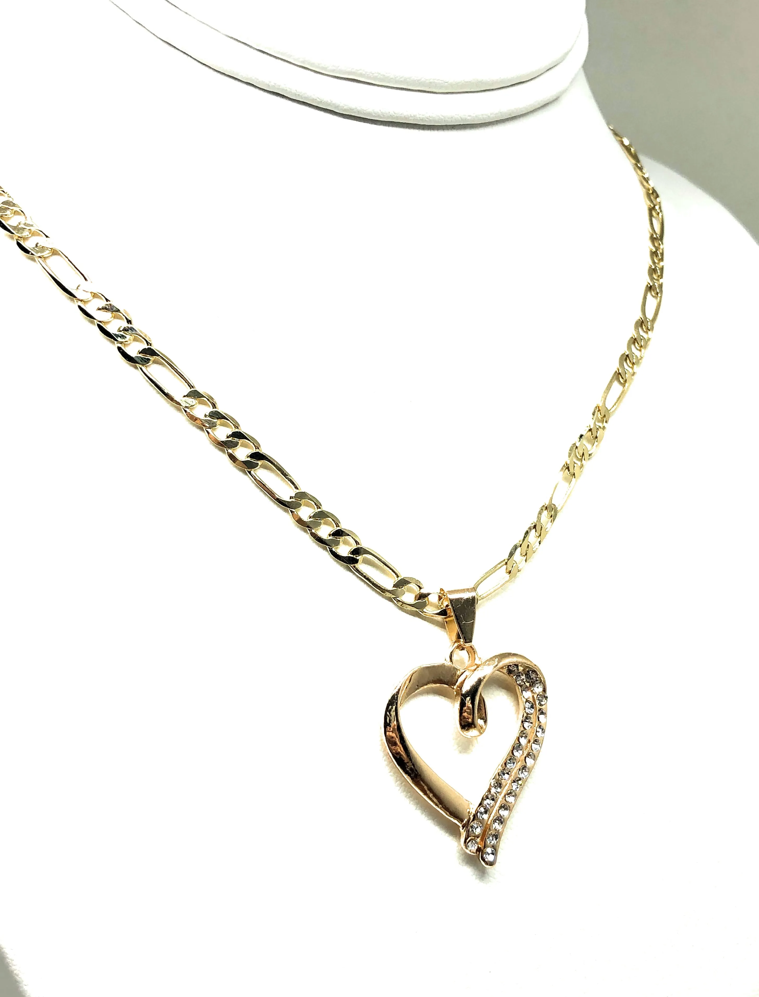 Gold Plated Heart CZ Pendant Necklace Chain 24” Corazon