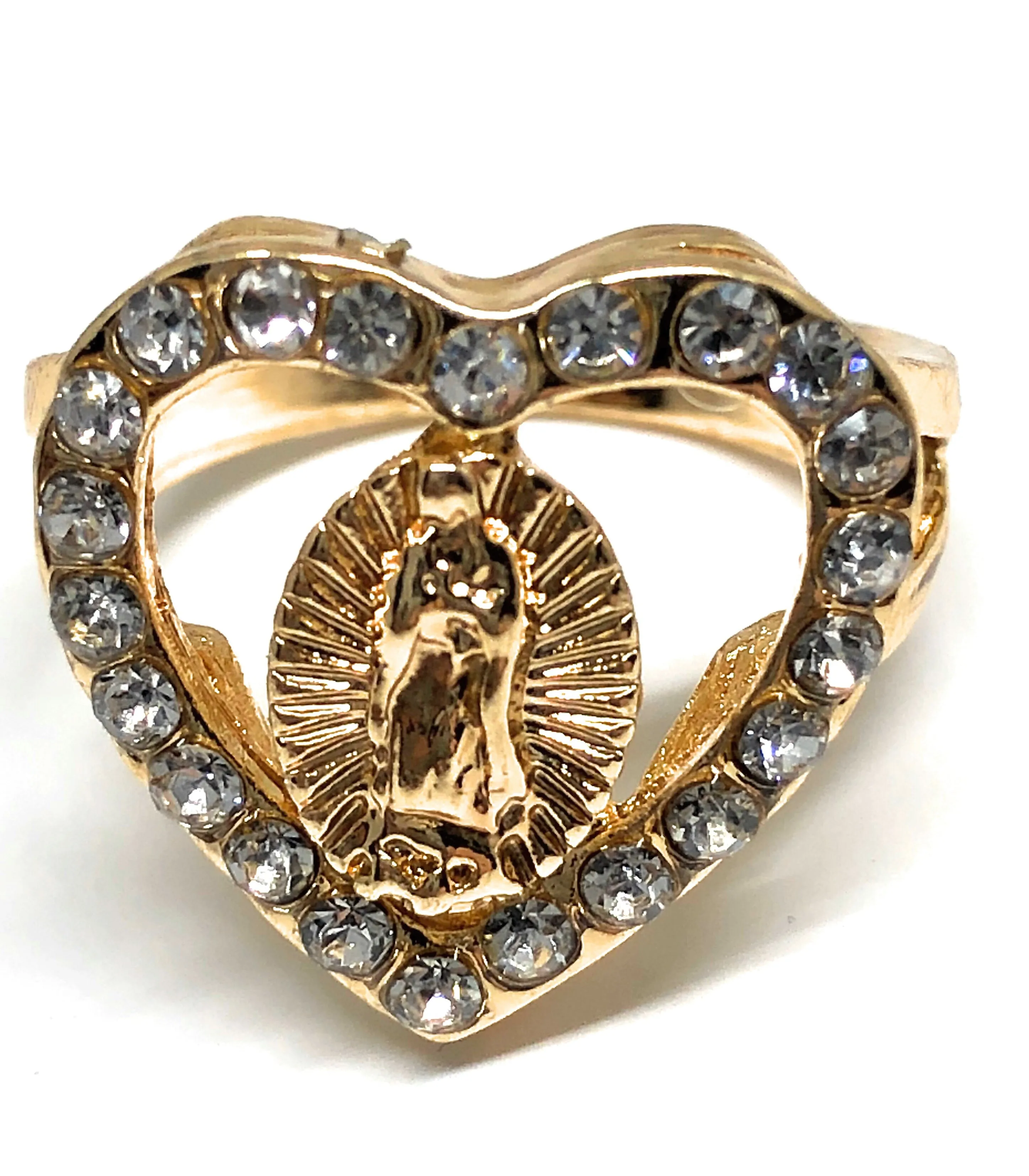 Gold Plated Virgin Mary Heart White Stone  Ring Virgen De Guadalupe Anillo Corazón