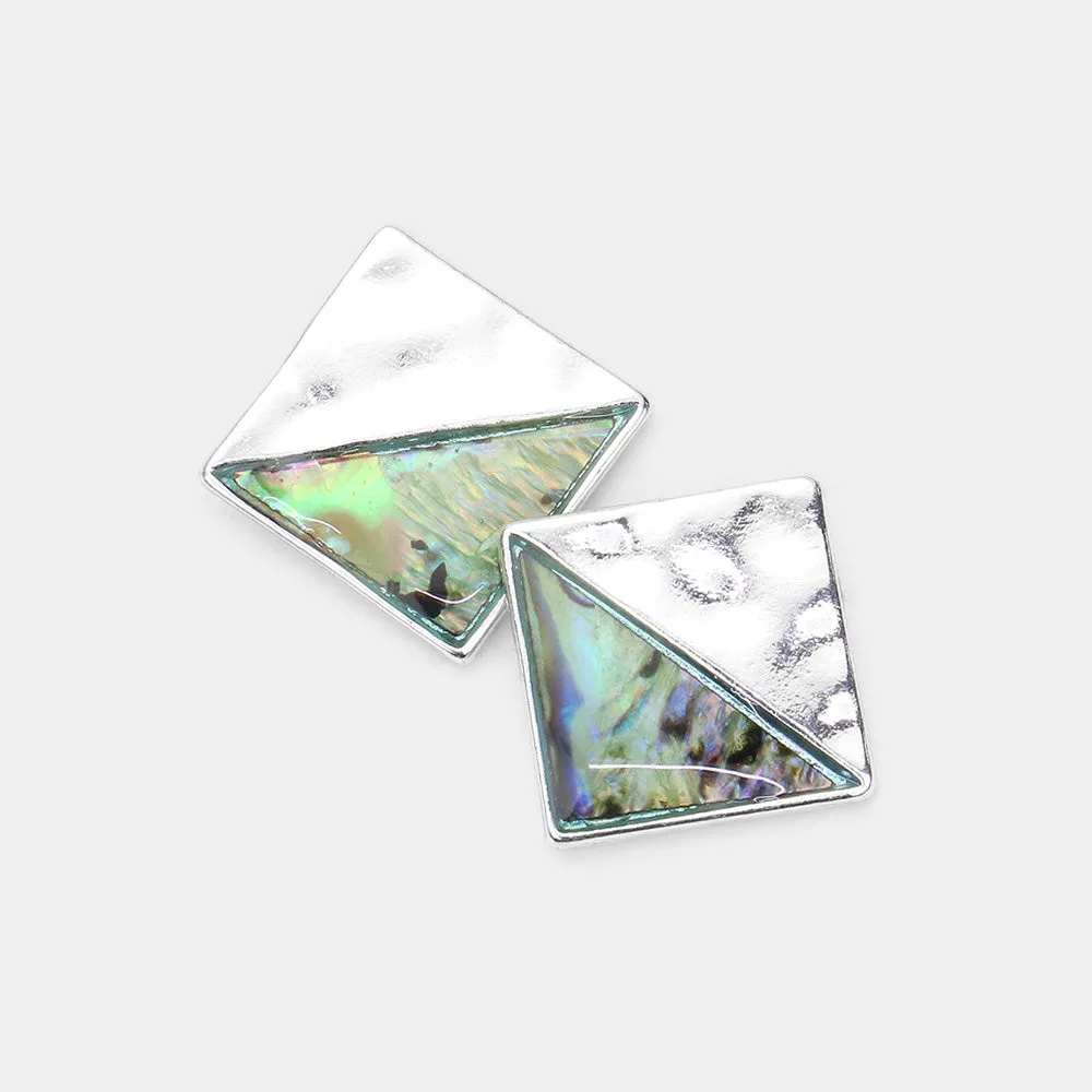 iLLASPARKZ Abalone Accented Hammered Metal Square Stud Earrings