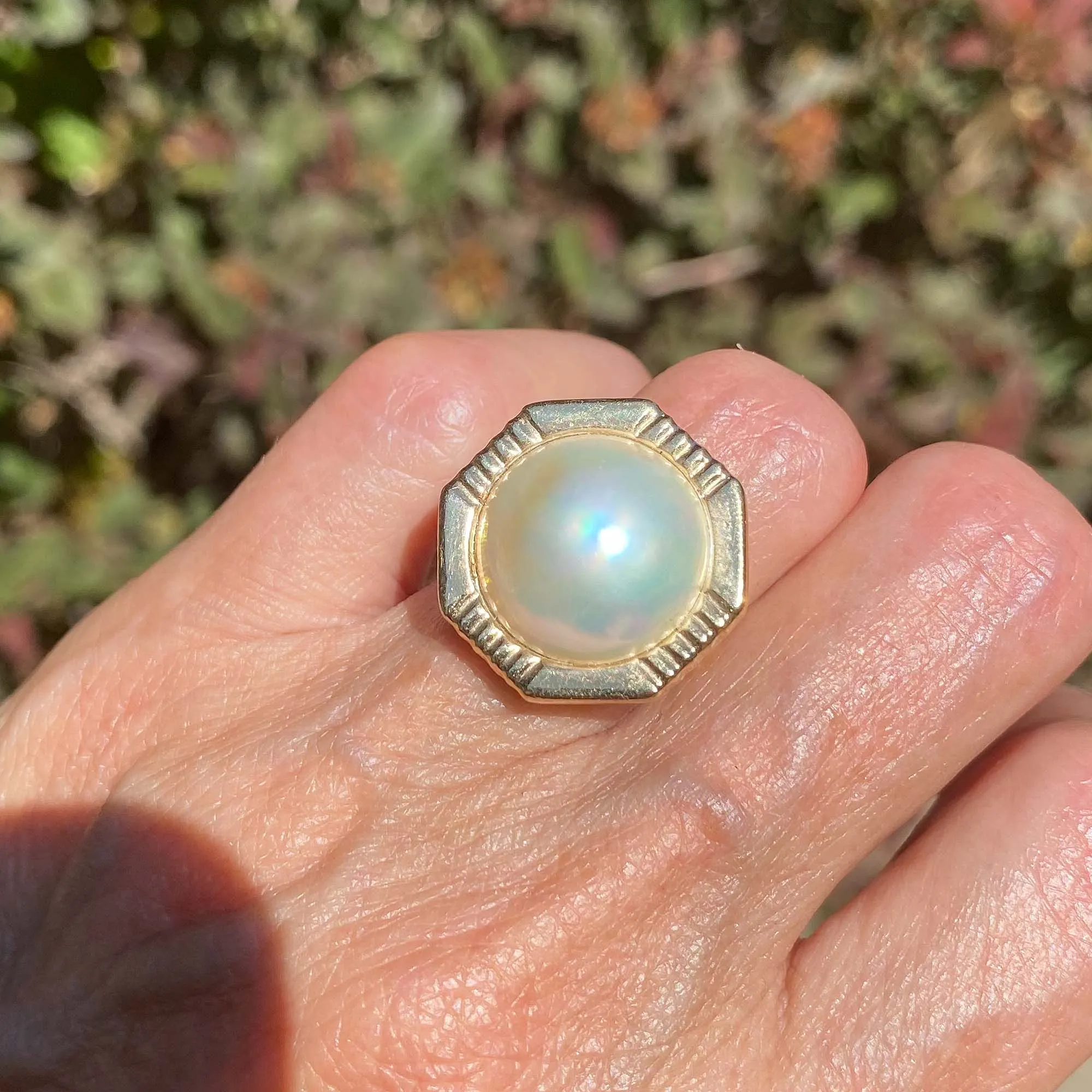 Large Mabe Pearl 14K Gold Geometric Octagon Cocktail Ring