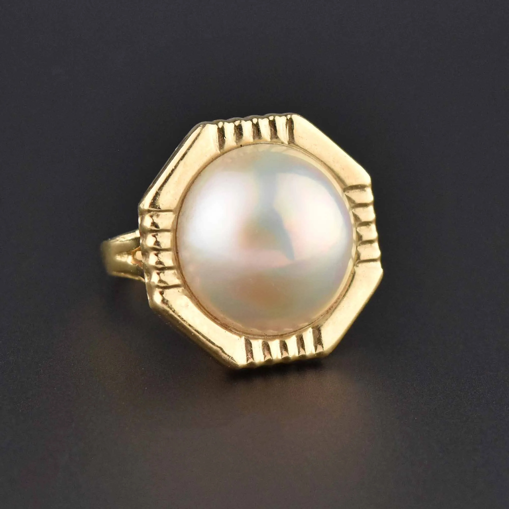 Large Mabe Pearl 14K Gold Geometric Octagon Cocktail Ring