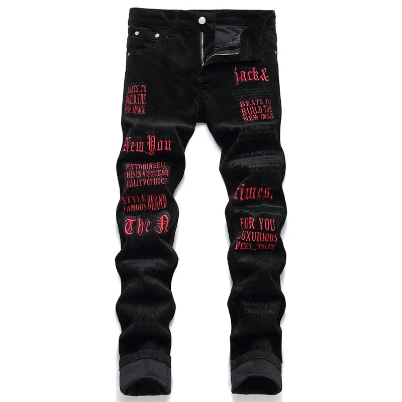 Men's Black Punk Style Embroidered Stretch Slim Fit Casual Skinny Pants