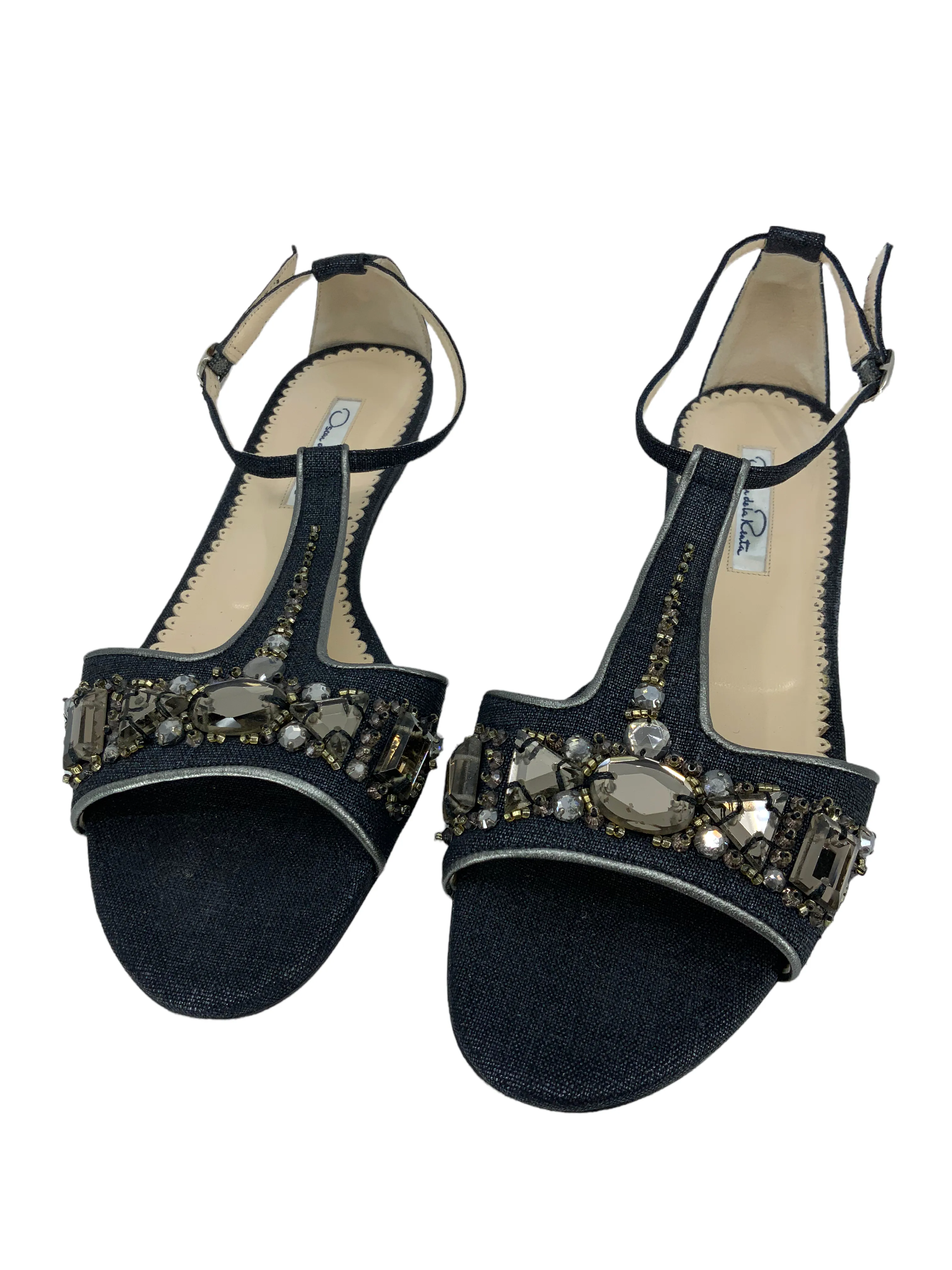 Oscar de la Renta Embellished T-Strap Flat Sandals Size 8