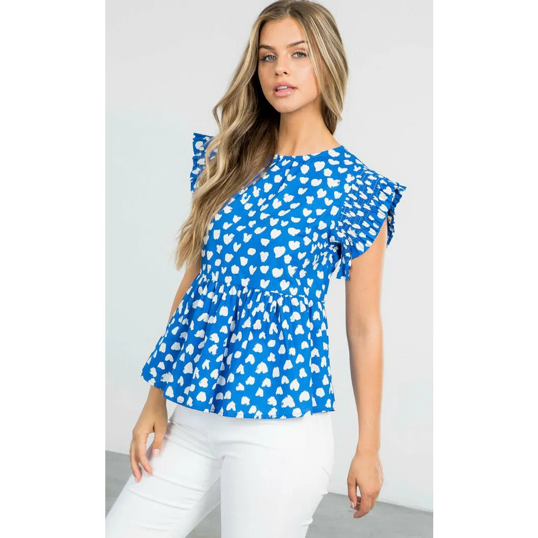 Penny Blue Printed Flutter Sleeve THML Top-SALE