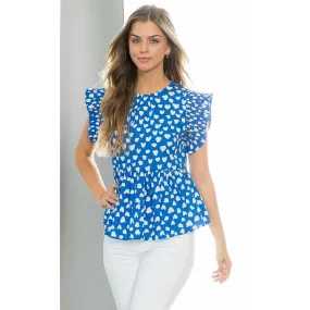 Penny Blue Printed Flutter Sleeve THML Top-SALE