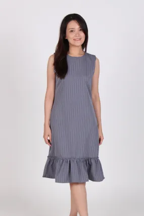 Pinstripes Drop Waist Midi Dress in Dark Grey