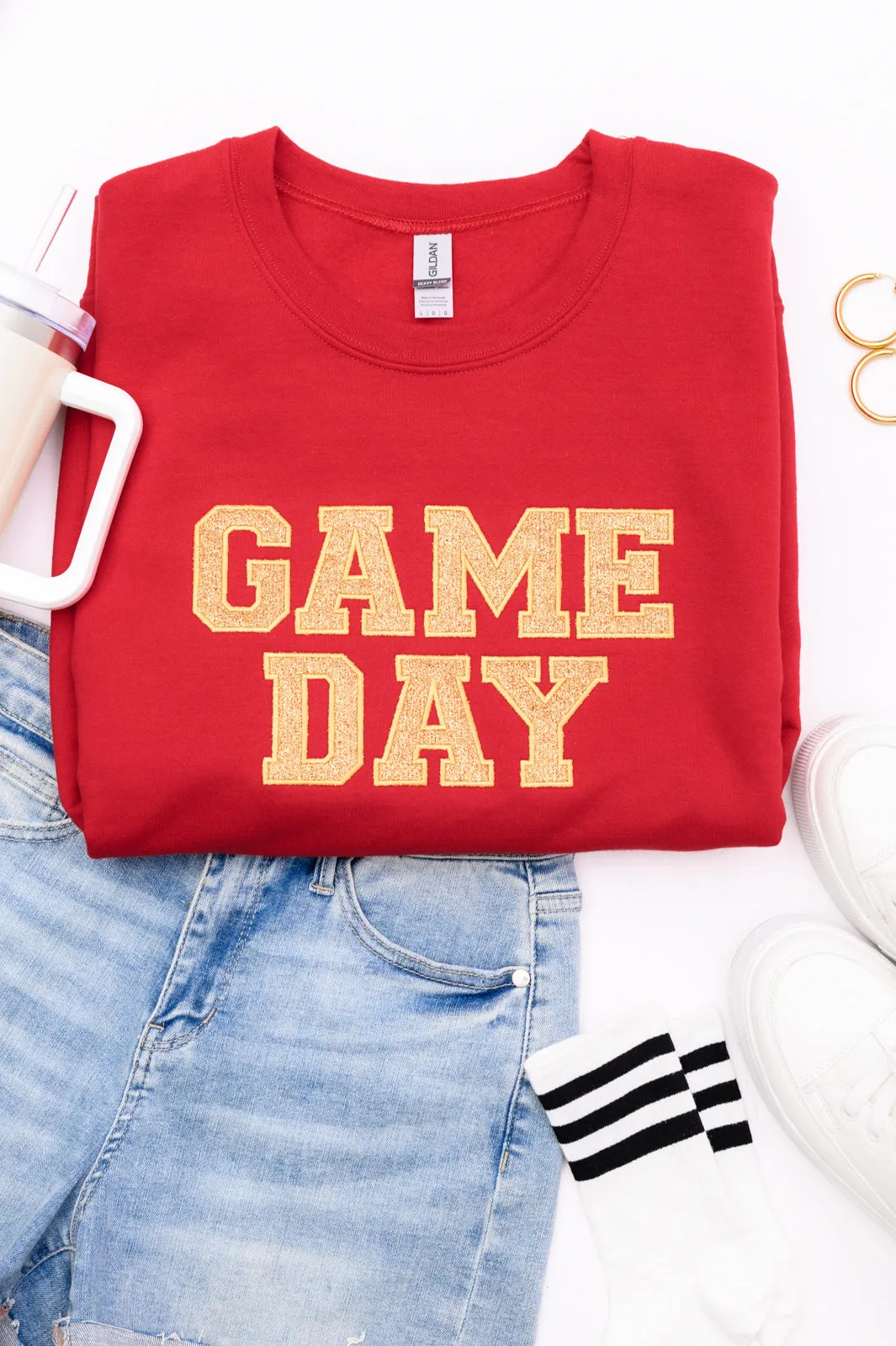 PREORDER: Embroidered Glitter Game Day Sweatshirt in Red/Old Gold