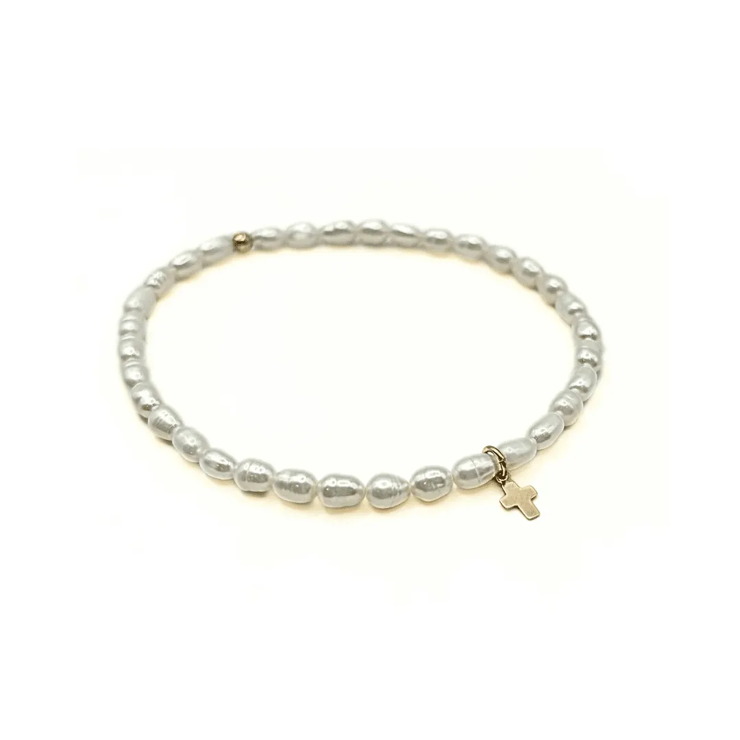 Rice Pearl Waterproof Bracelet with a Gold-Filled Luxe Cross