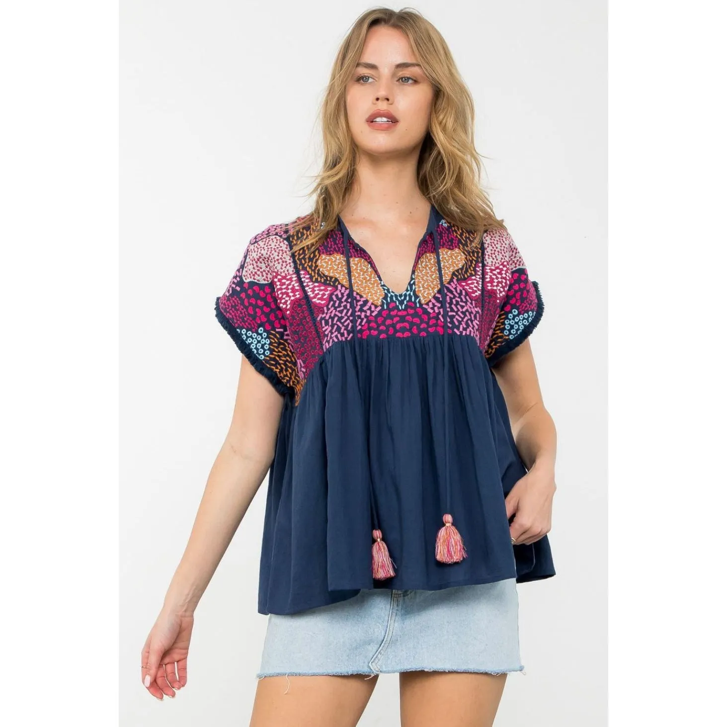 Shelley Embroidered Babydoll Tassel THML Top