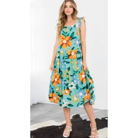 Sophia Green Floral Print Midi THML Dress-SALE