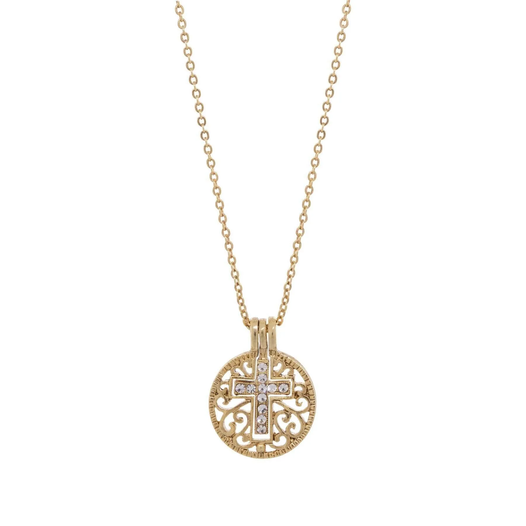 Symbols Of Faith Round Filigree Birthstone Crystal Swinging Cross Pendant Necklace 18