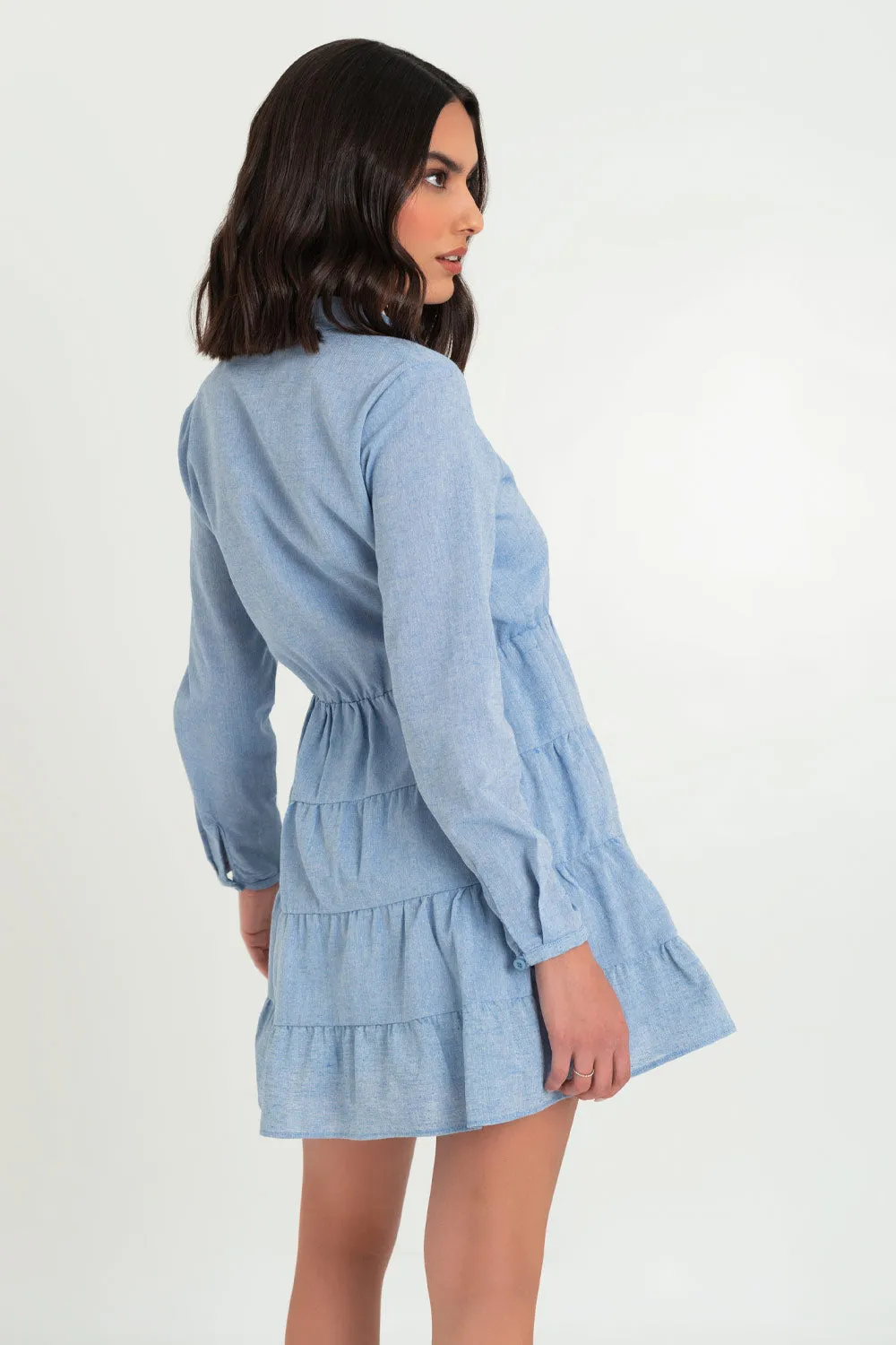 Vestido camisero con olanes de manga larga
