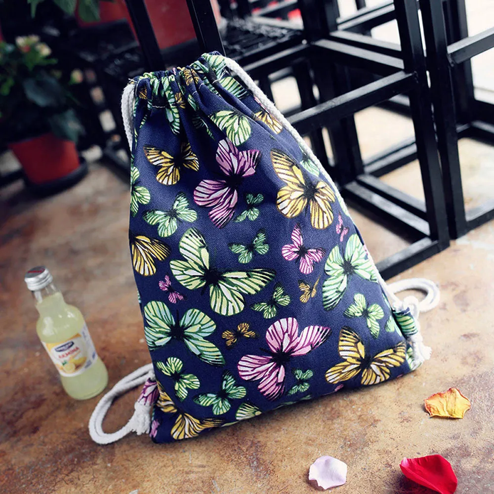 women backpack Canvas Printing Butterfly Backpack for girls Drawstring Bag