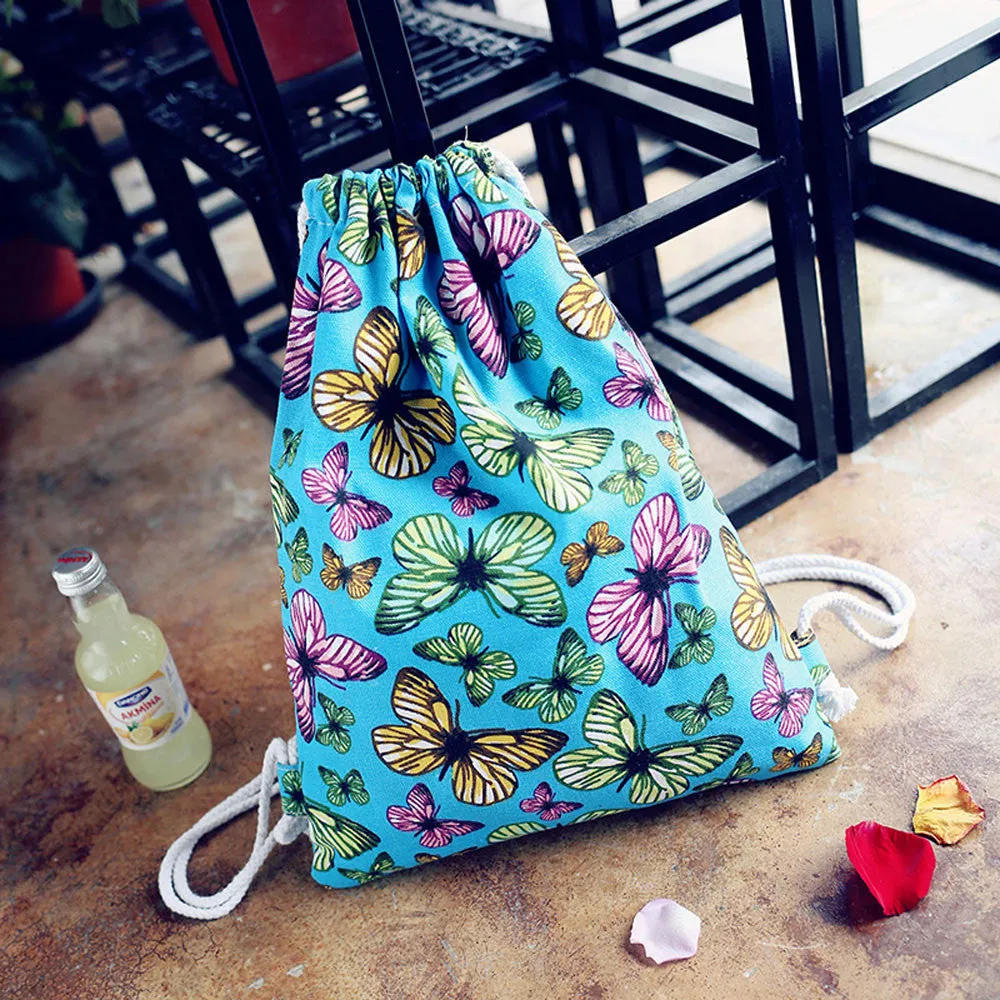 women backpack Canvas Printing Butterfly Backpack for girls Drawstring Bag