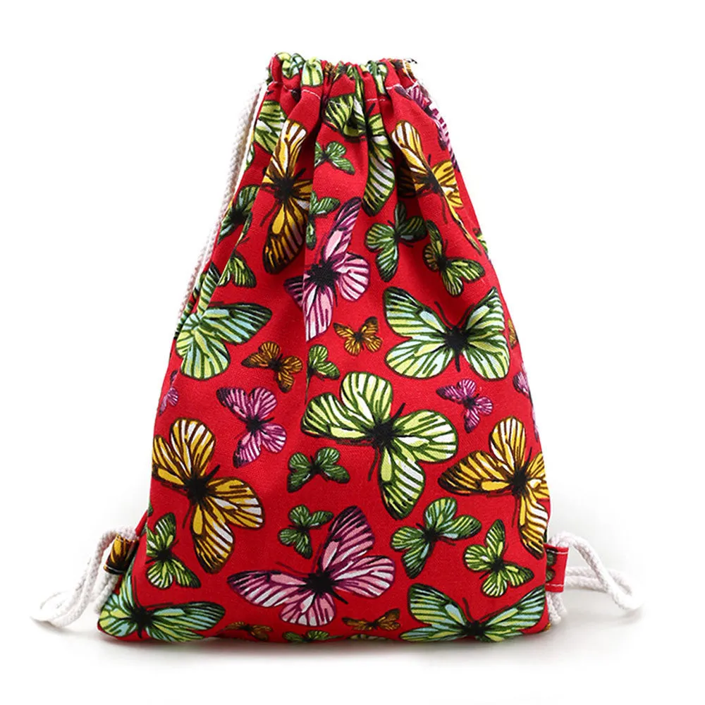 women backpack Canvas Printing Butterfly Backpack for girls Drawstring Bag