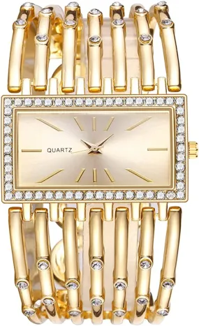 Women Gold Rhinestone Analog Luxury Round Full Bracelet Quartz Wrist Watch