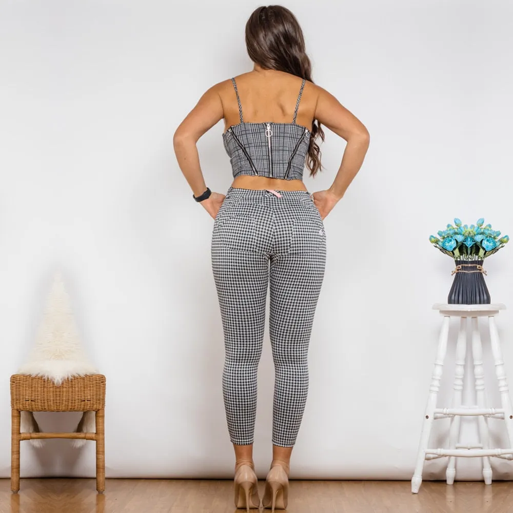 Women's Gray Plaid Zipper Push-Up Top Middle Waist Lifting Pants 2pc Set