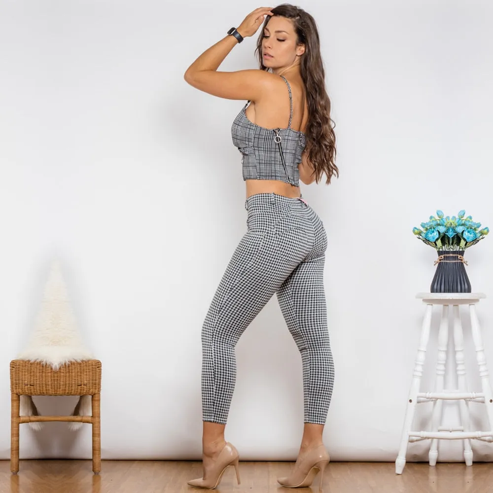 Women's Gray Plaid Zipper Push-Up Top Middle Waist Lifting Pants 2pc Set